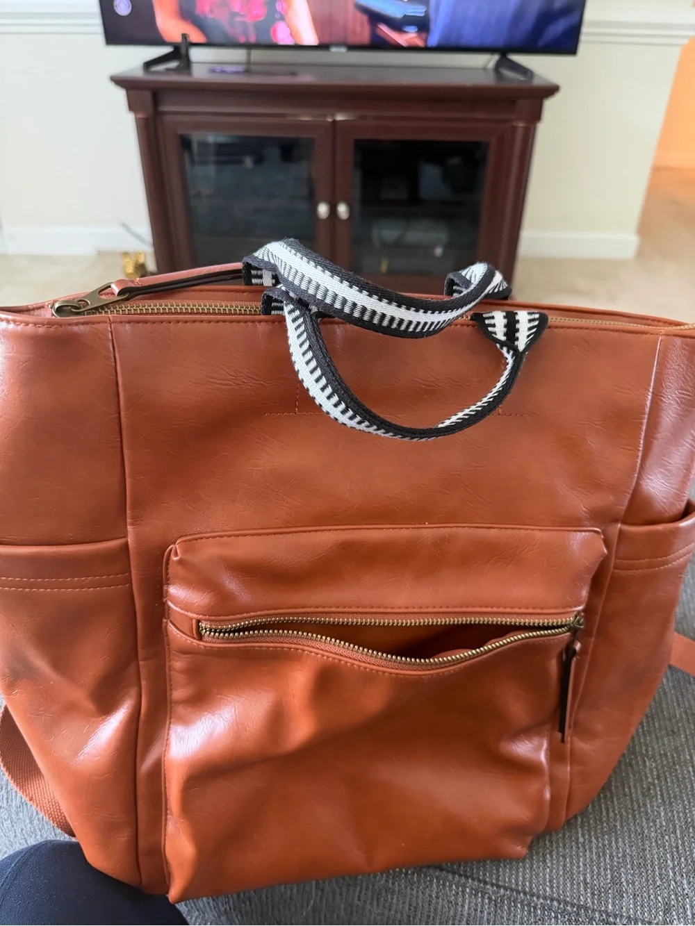 Rust Brown Leather Tote Bag with Striped Handles - Target Universal Thread